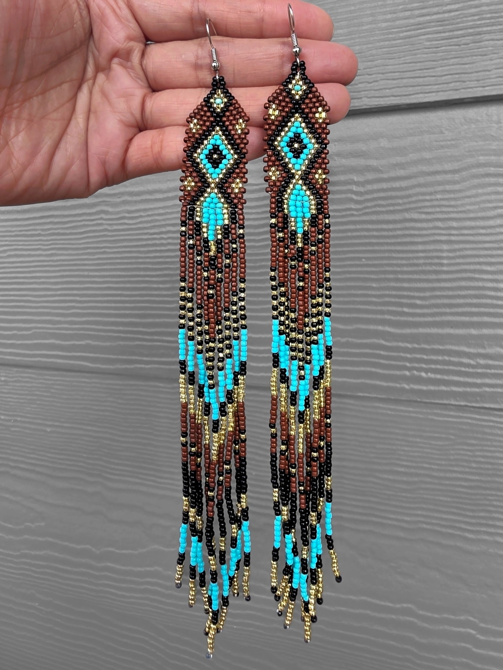 Lonestar Southwestern Boho Beaded Fringe Earrings Handmade Long - Brown Blue